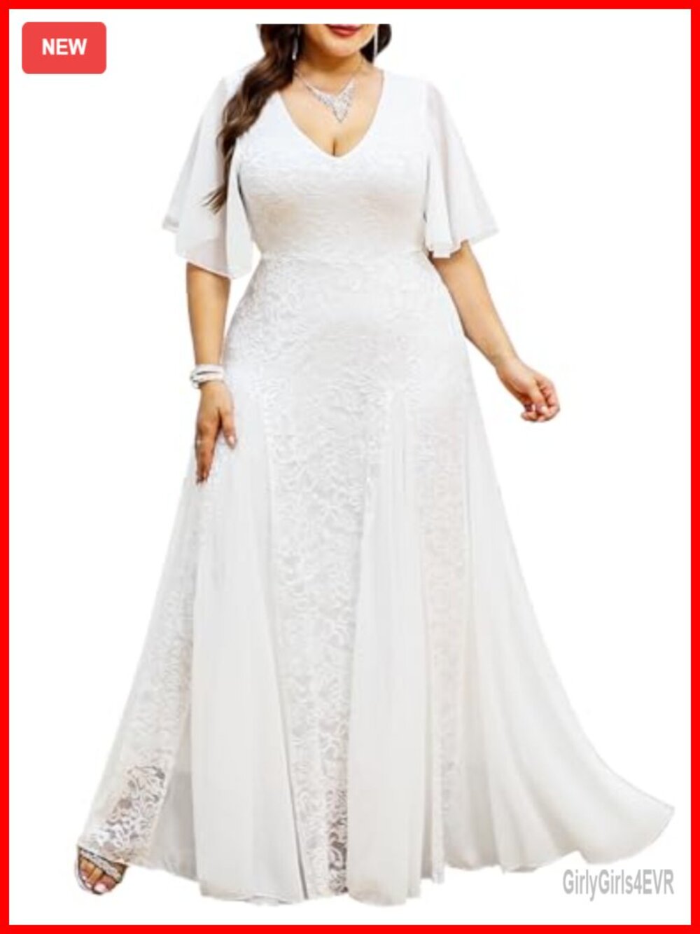 Plus Size Formal Lace Maxi Dress V Neck A-line Chiffon Evening Gown